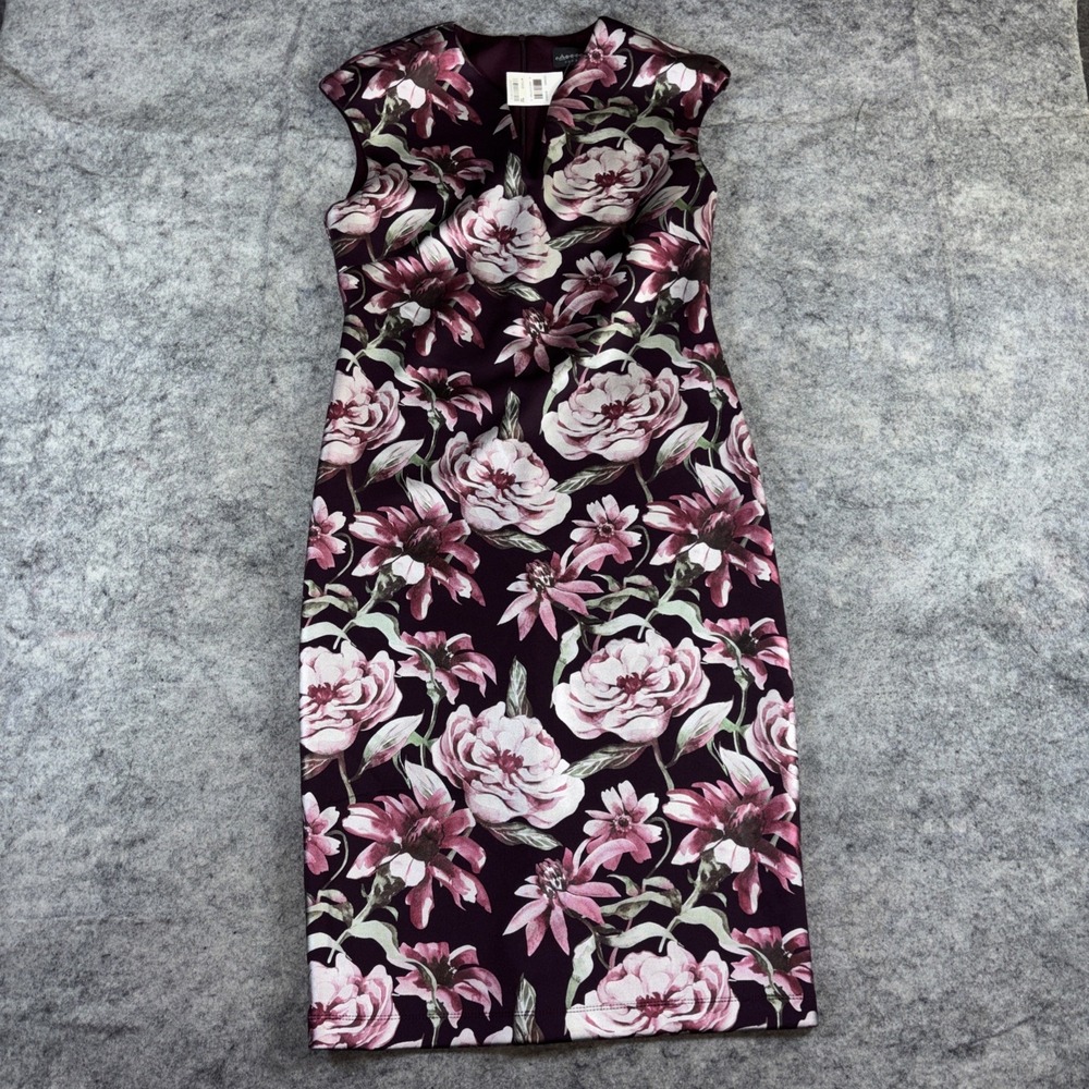 Connected Sheath Dress Women's 6 Burgundy Floral Cap Sleeve‎ Stretch Knee Length